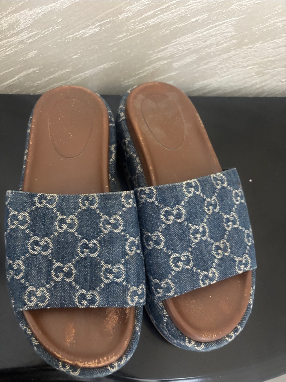 authentic Gucci women Denim Logo Slide Sandals - Blue